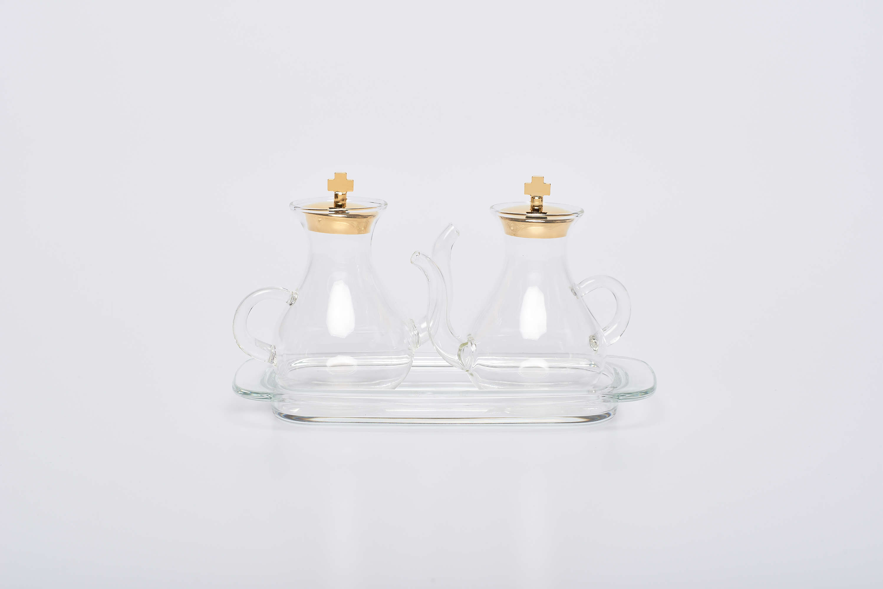 Servizio ampolle su vassoio in vetro con beccuccio
