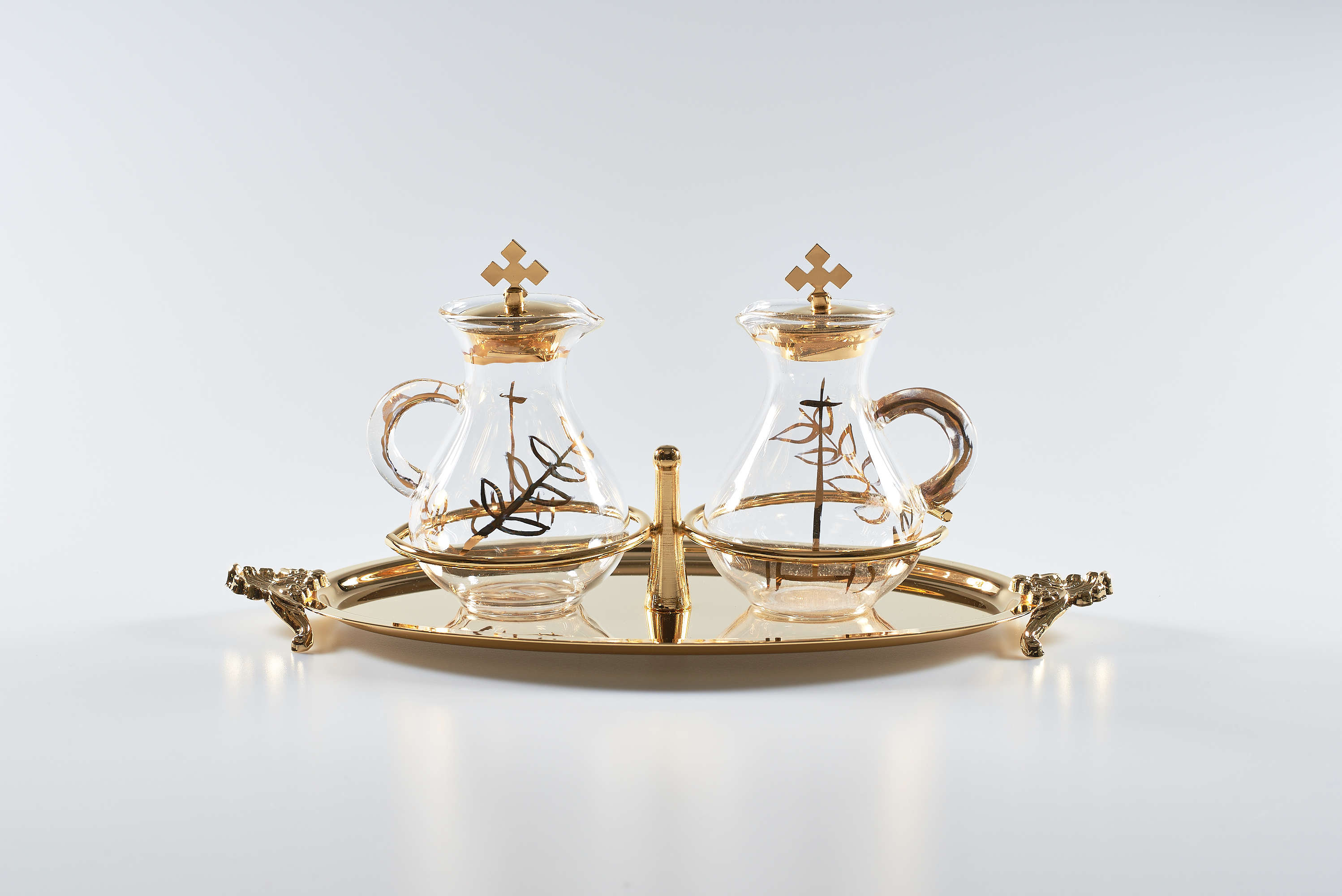 Servizio ampolle decorazione oro su vassoio ottone